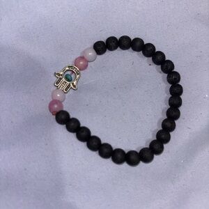 Black and Pink Beaded Bracelet with Silver Charm